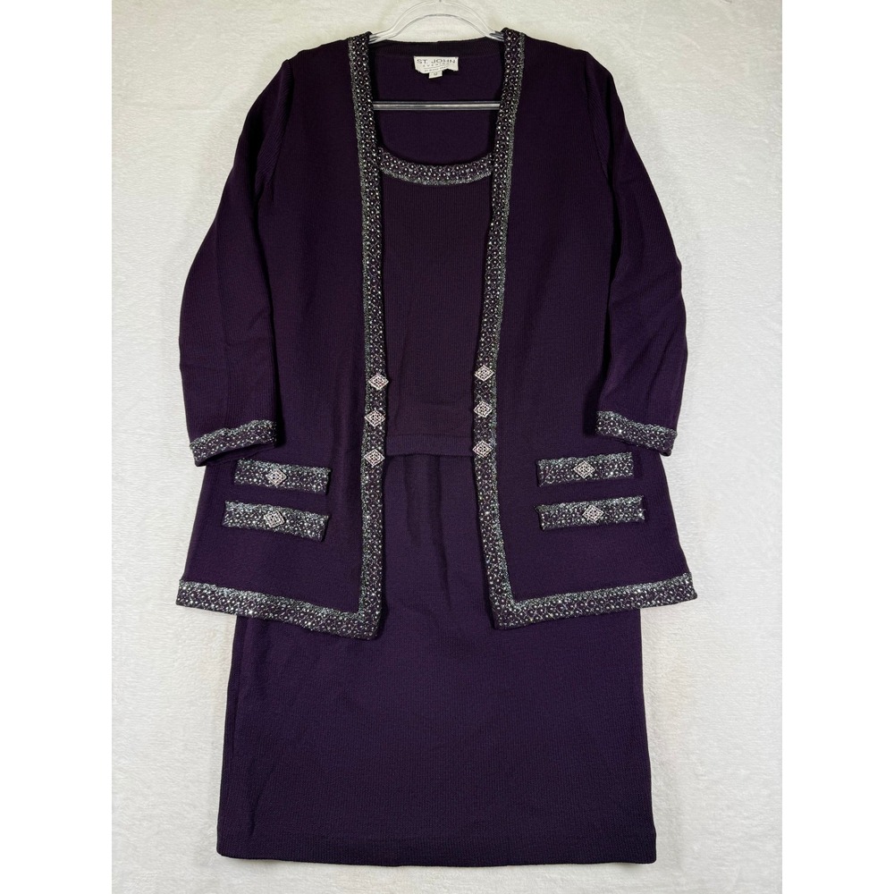 St John Evening Marie Gray Purple Santana Knit 3pc Skirt Suit Set Size 12/L